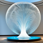 A magnificent kinetic art installation, inspired by the natural flow and dynamic vortex patterns of water, displayed within a spacious, modern art gallery. The sculpture features intricate, fluid shapes made of translucent, light-diffusing materials, illuminated by soft, dynamic lighting that mimics the rippling effects of water. The overall piece conveys a sense of serene movement and organic elegance. The gallery setting is clean and minimalist, allowing the artwork to be the central focus. professional art photography, high quality, perfect anatomy, correct proportions, natural pose, safe for work, appropriate content, fully clothed, professional.