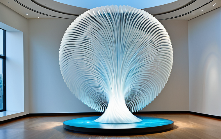 A magnificent kinetic art installation, inspired by the natural flow and dynamic vortex patterns of water, displayed within a spacious, modern art gallery. The sculpture features intricate, fluid shapes made of translucent, light-diffusing materials, illuminated by soft, dynamic lighting that mimics the rippling effects of water. The overall piece conveys a sense of serene movement and organic elegance. The gallery setting is clean and minimalist, allowing the artwork to be the central focus. professional art photography, high quality, perfect anatomy, correct proportions, natural pose, safe for work, appropriate content, fully clothed, professional.